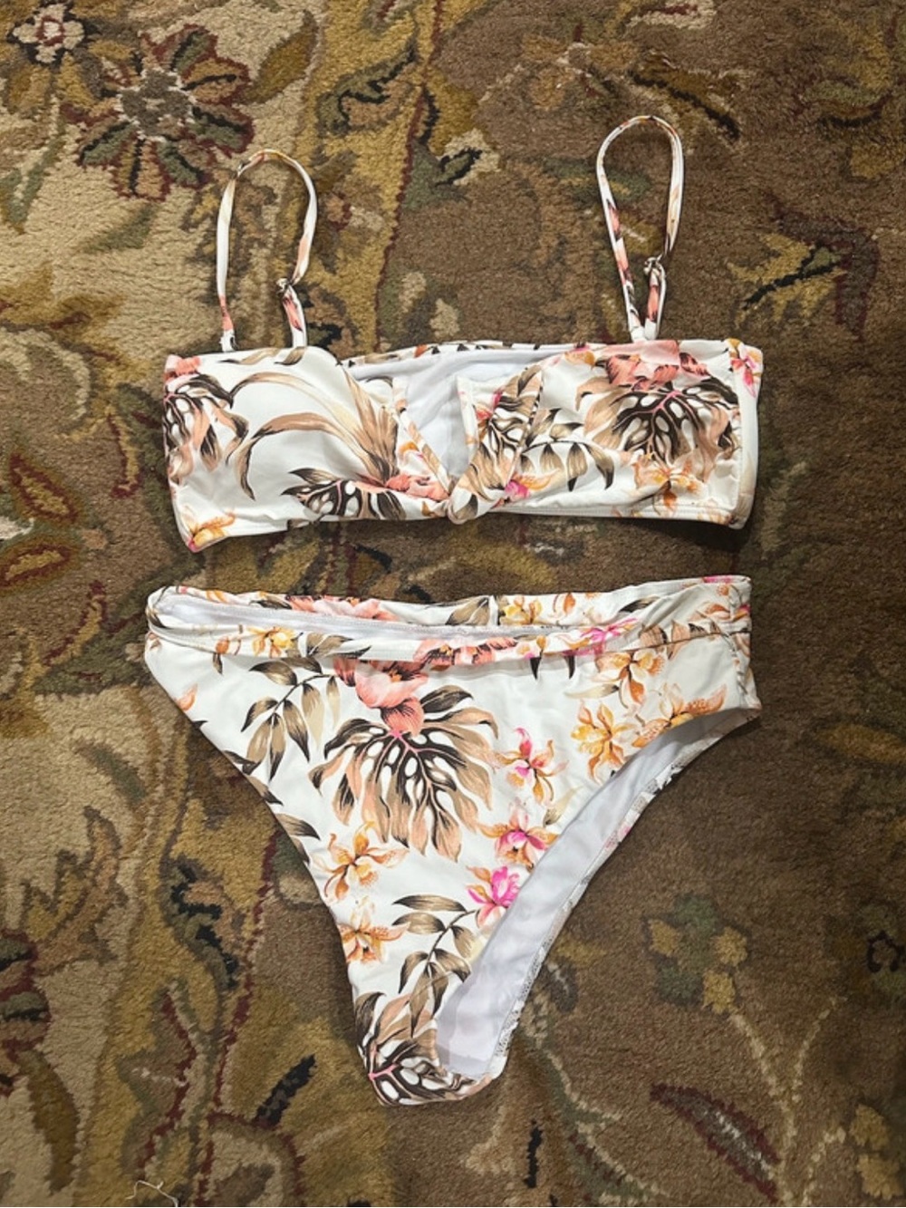 Billabong White Floral Bikini Top & Bottom - Pink, Peach & Brown Print